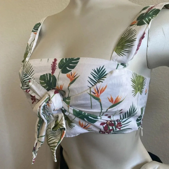 Zara Womens White Green Tropical Crop Tank Top Medium - Picture 7 of 13